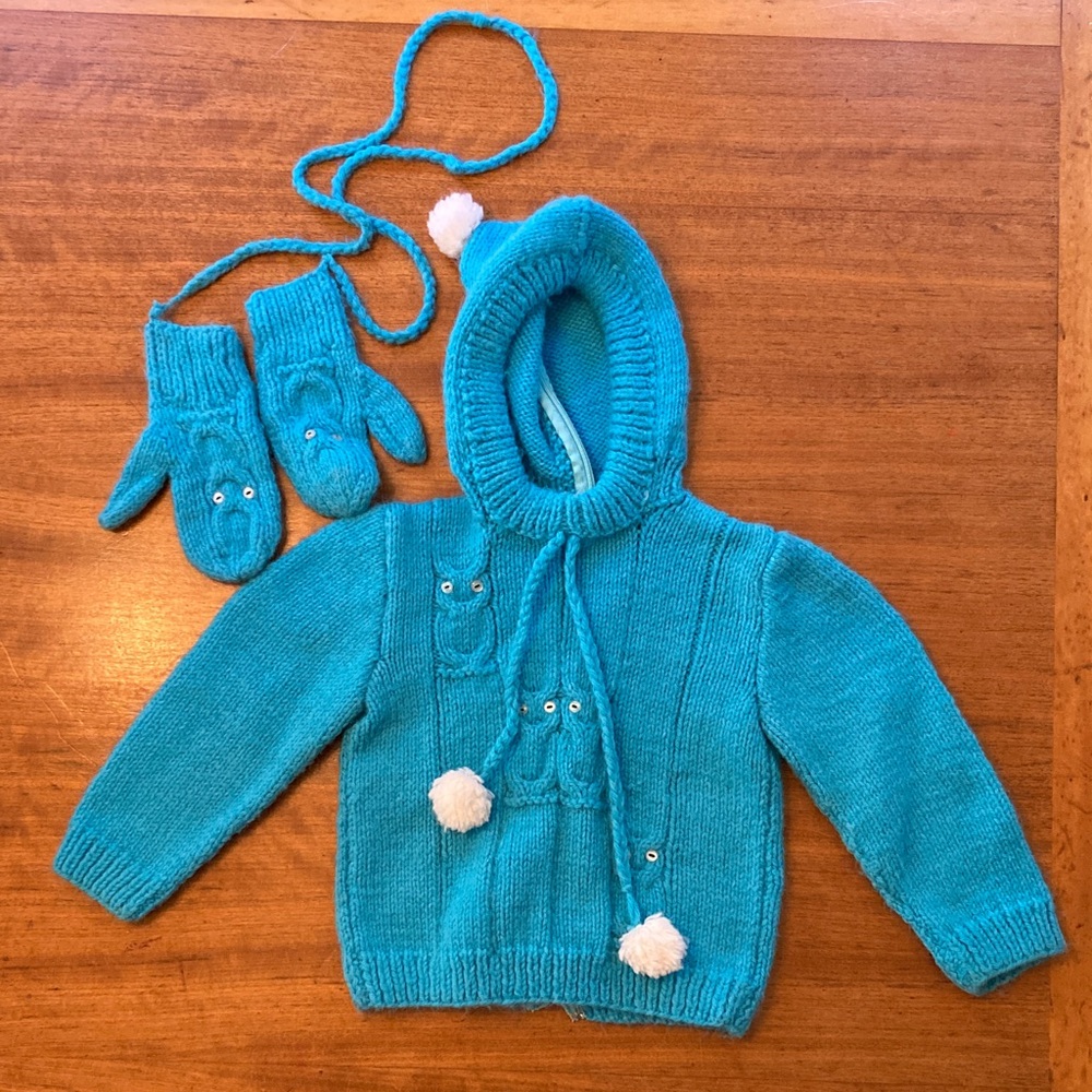 Vintage Owl Sweater Hooded with Matching Mittens Blue 2t